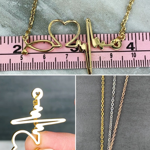 Heartbeat Stethoscope Heart EKG Stainless Nurse Bar Necklace Silver Rose Gold - Picture 13 of 15